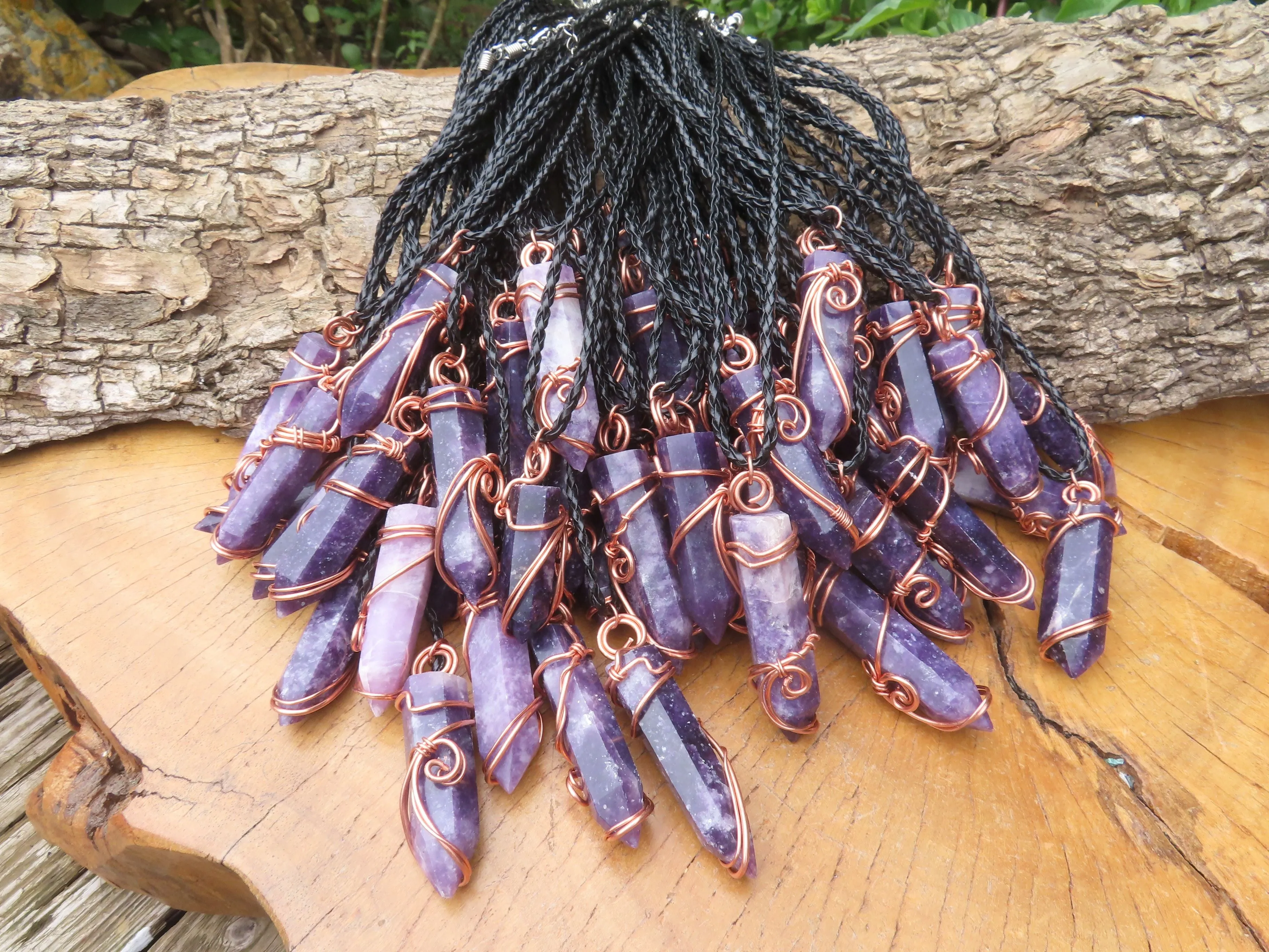 Polished Lepidolite Crystal In Copper Art Wire Wrap With Thong - sold per piece From Zimbabwe