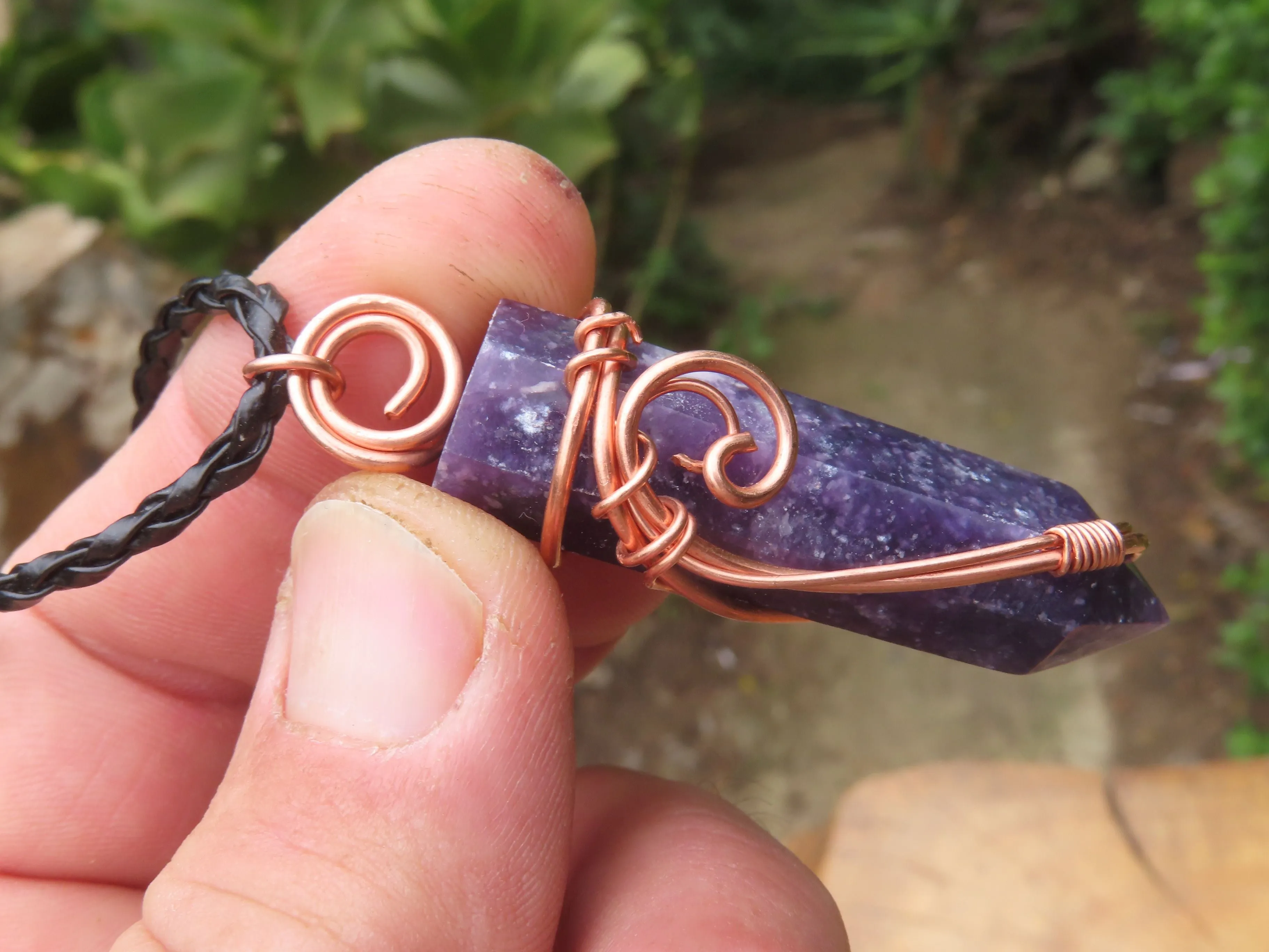 Polished Lepidolite Crystal In Copper Art Wire Wrap With Thong - sold per piece From Zimbabwe