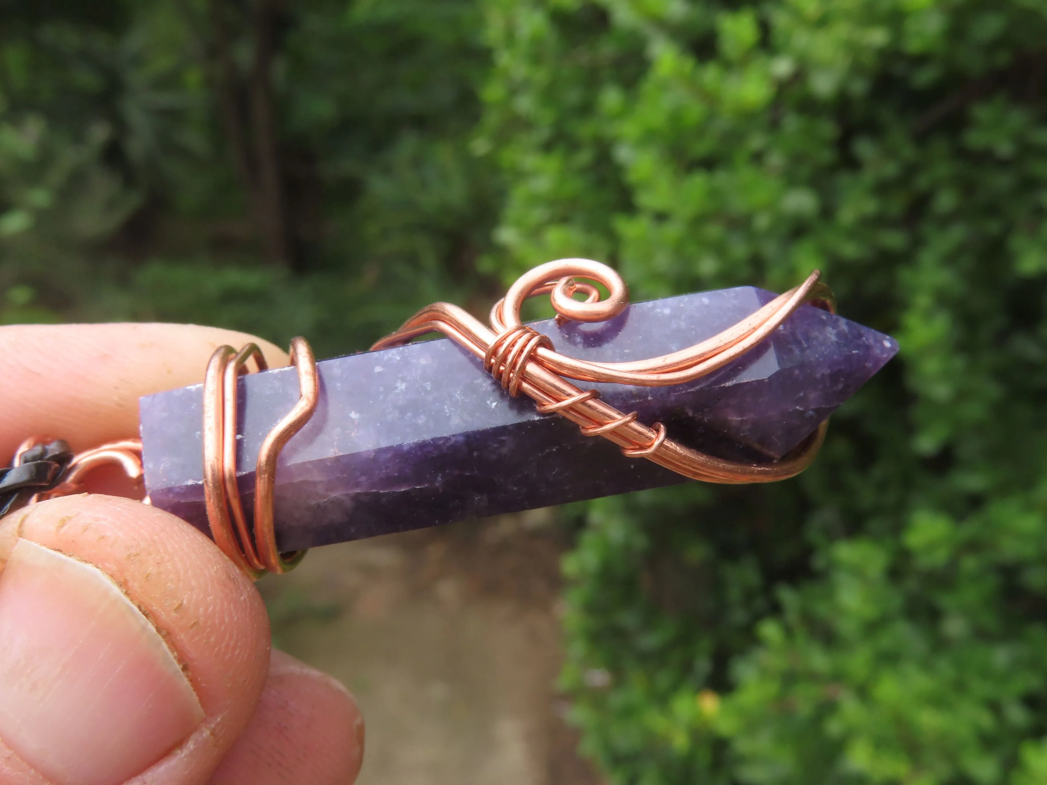 Polished Lepidolite Crystal In Copper Art Wire Wrap With Thong - sold per piece From Zimbabwe