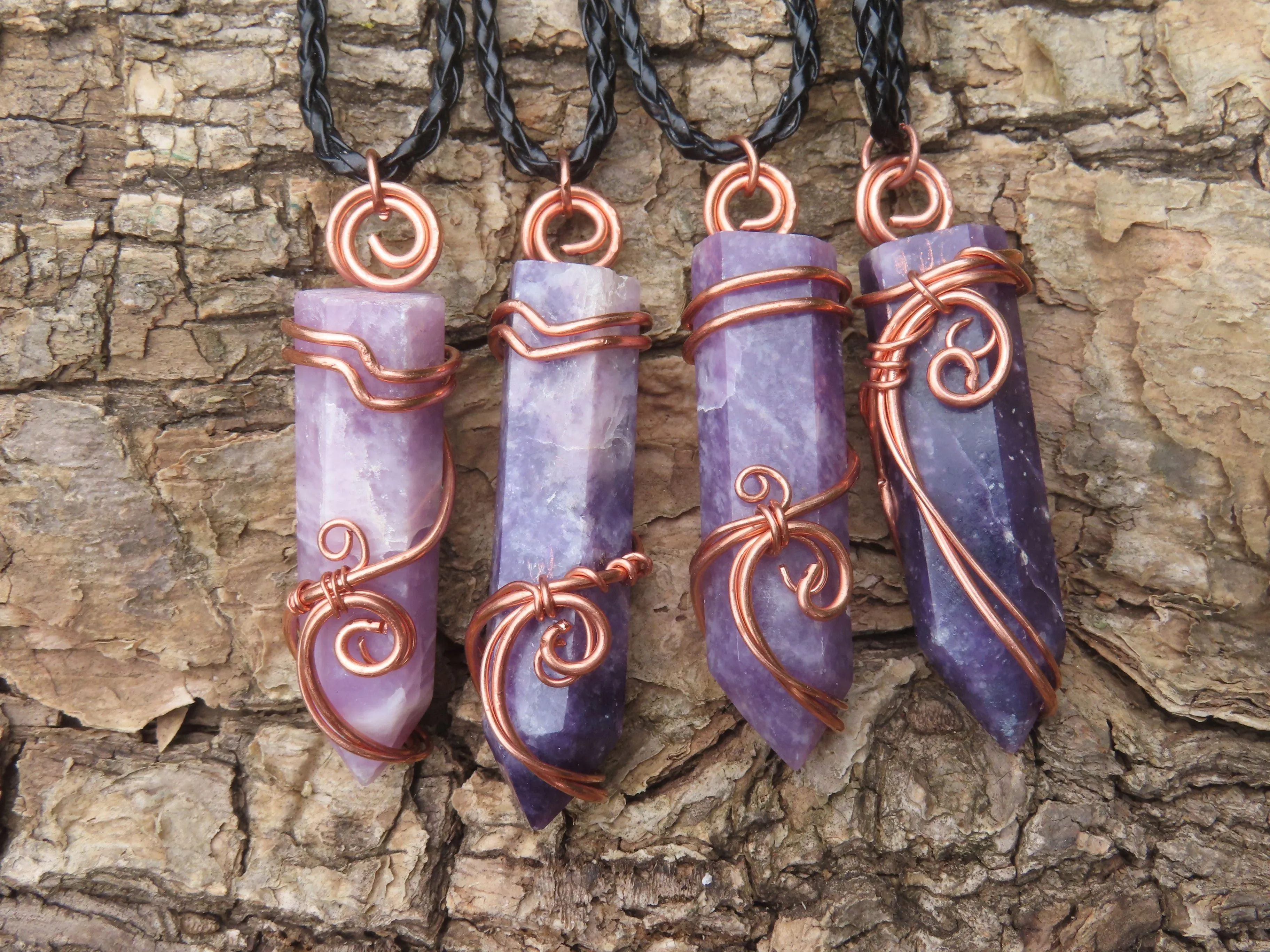 Polished Lepidolite Crystal In Copper Art Wire Wrap With Thong - sold per piece From Zimbabwe