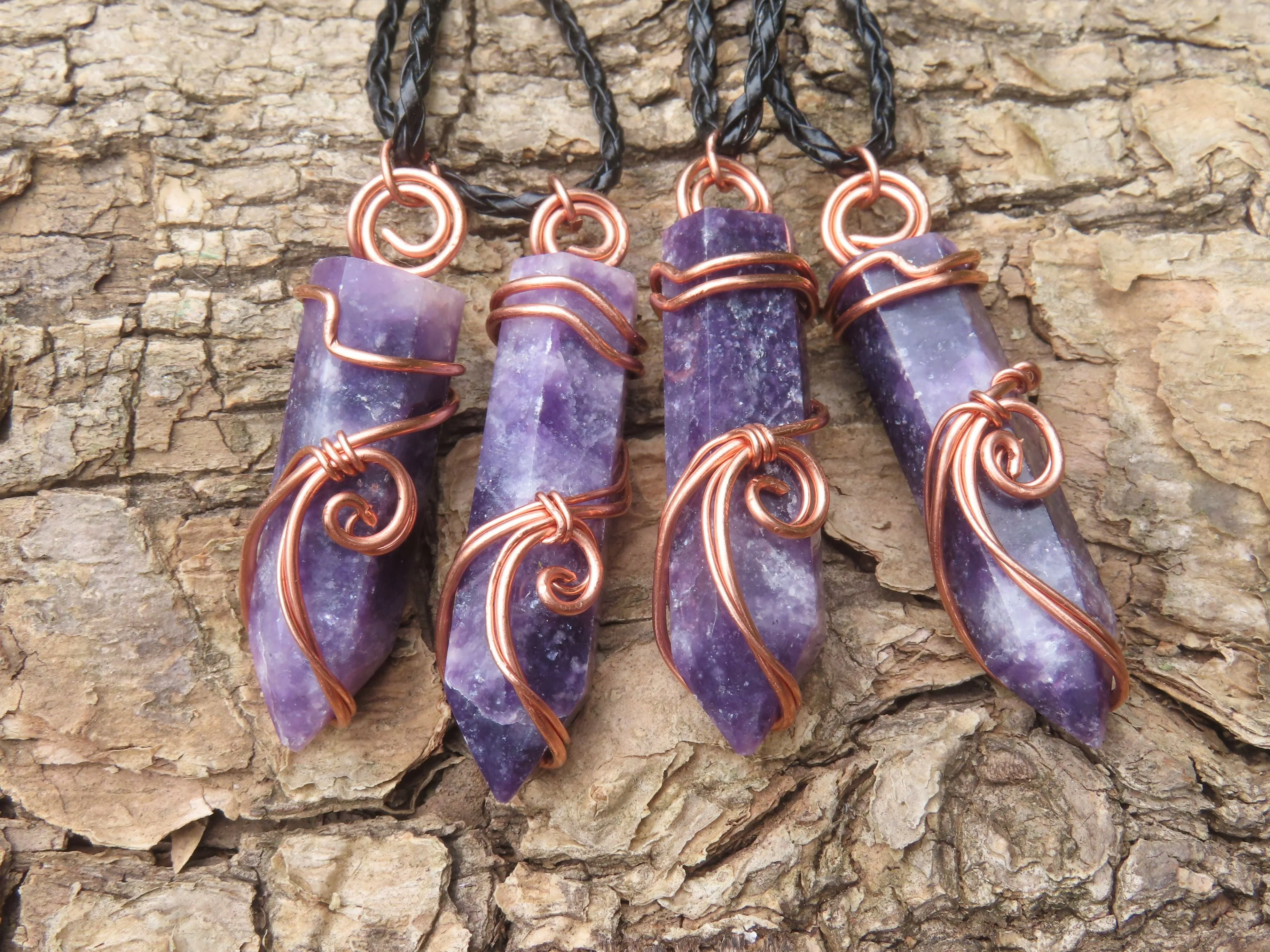 Polished Lepidolite Crystal In Copper Art Wire Wrap With Thong - sold per piece From Zimbabwe