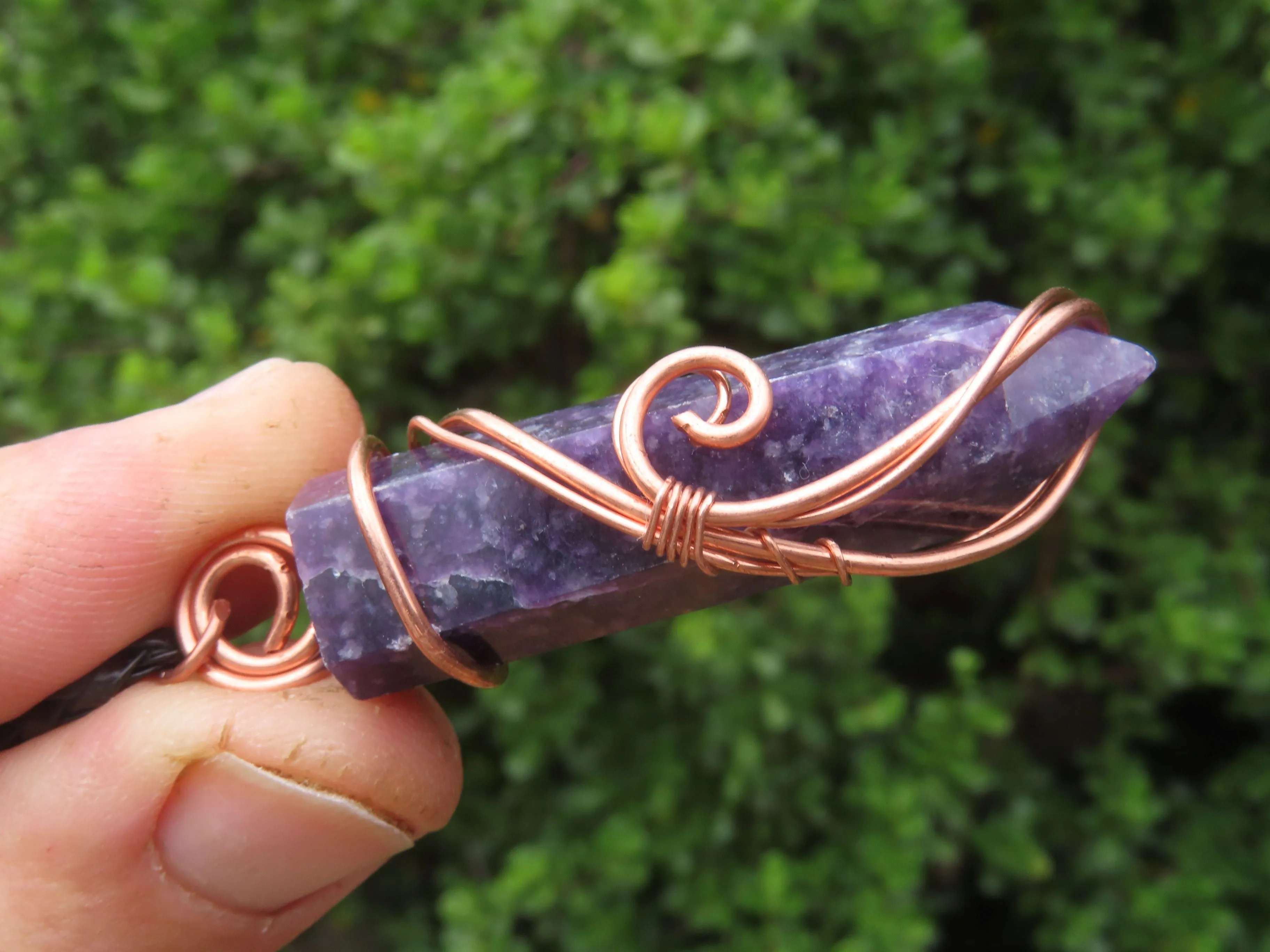 Polished Lepidolite Crystal In Copper Art Wire Wrap With Thong - sold per piece From Zimbabwe