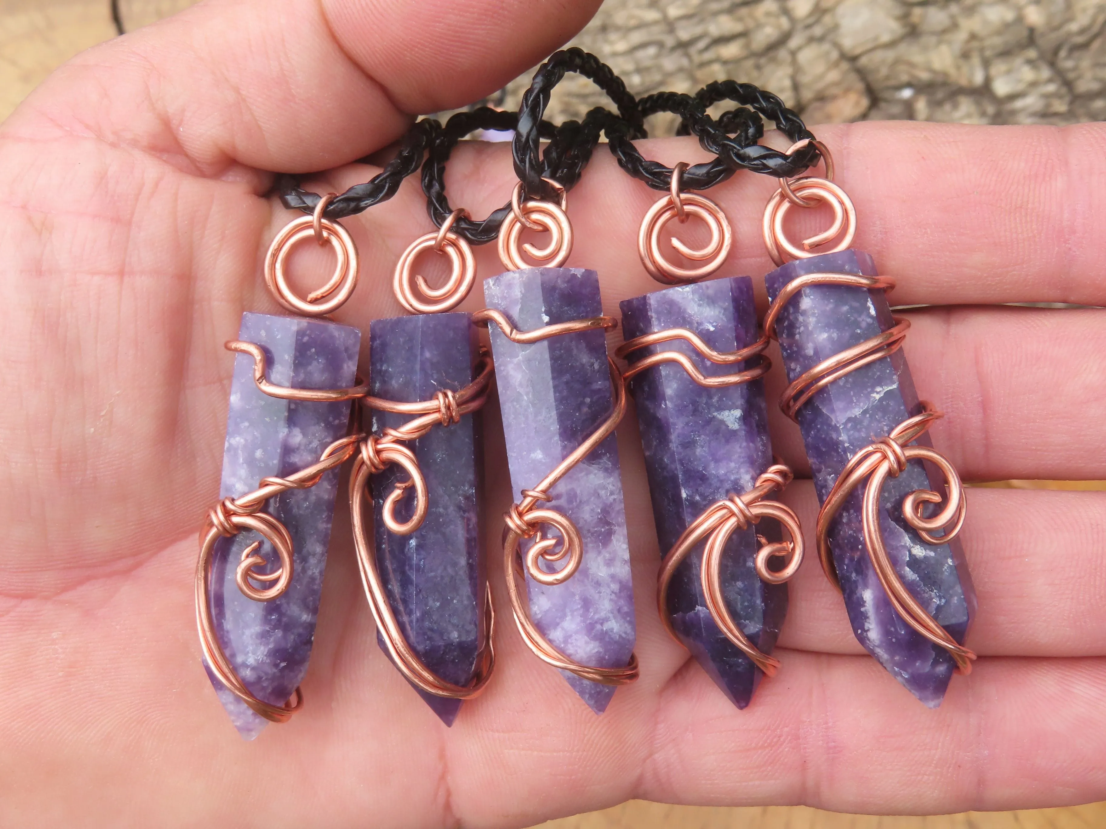 Polished Lepidolite Crystal In Copper Art Wire Wrap With Thong - sold per piece From Zimbabwe