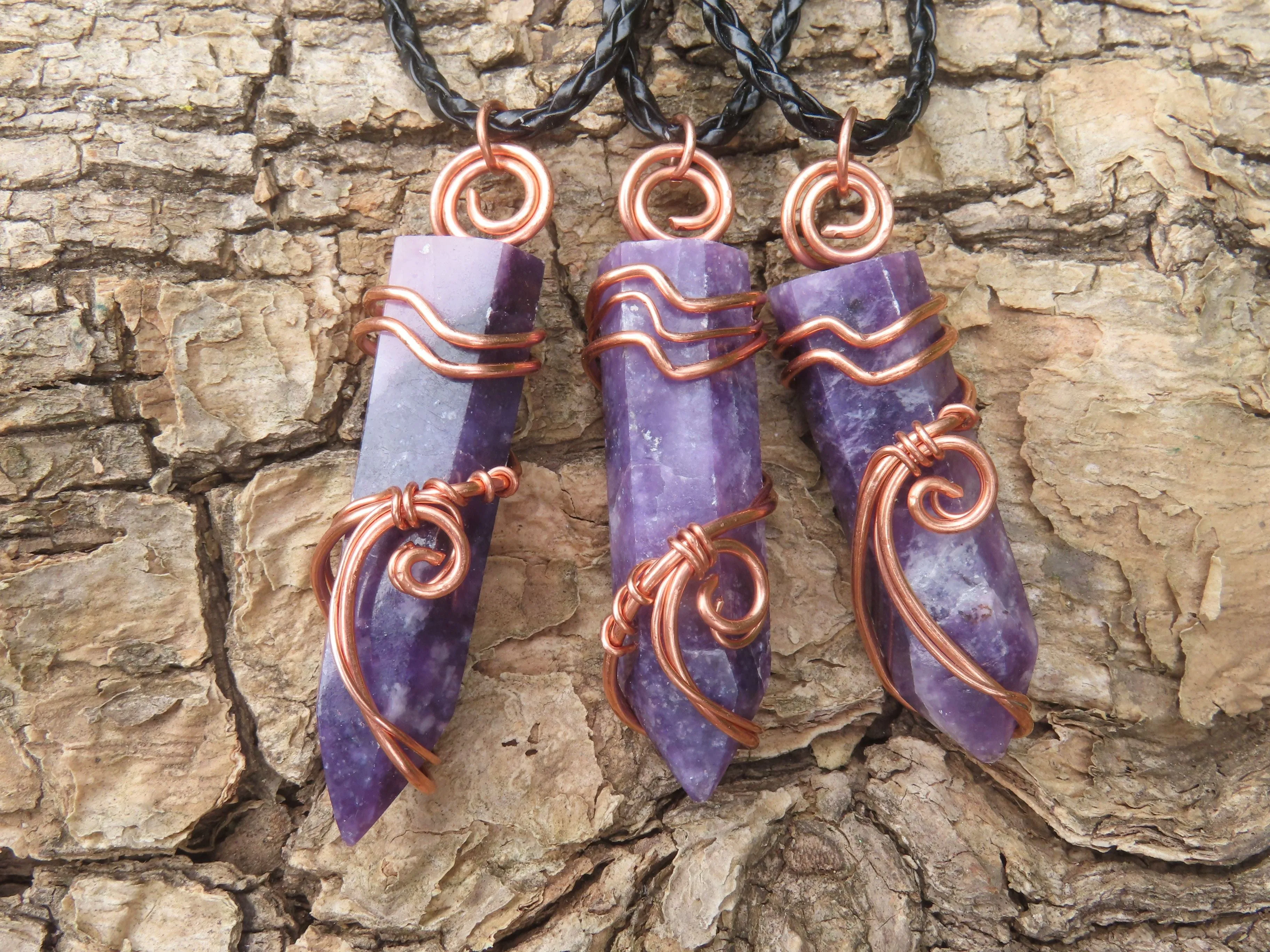 Polished Lepidolite Crystal In Copper Art Wire Wrap With Thong - sold per piece From Zimbabwe