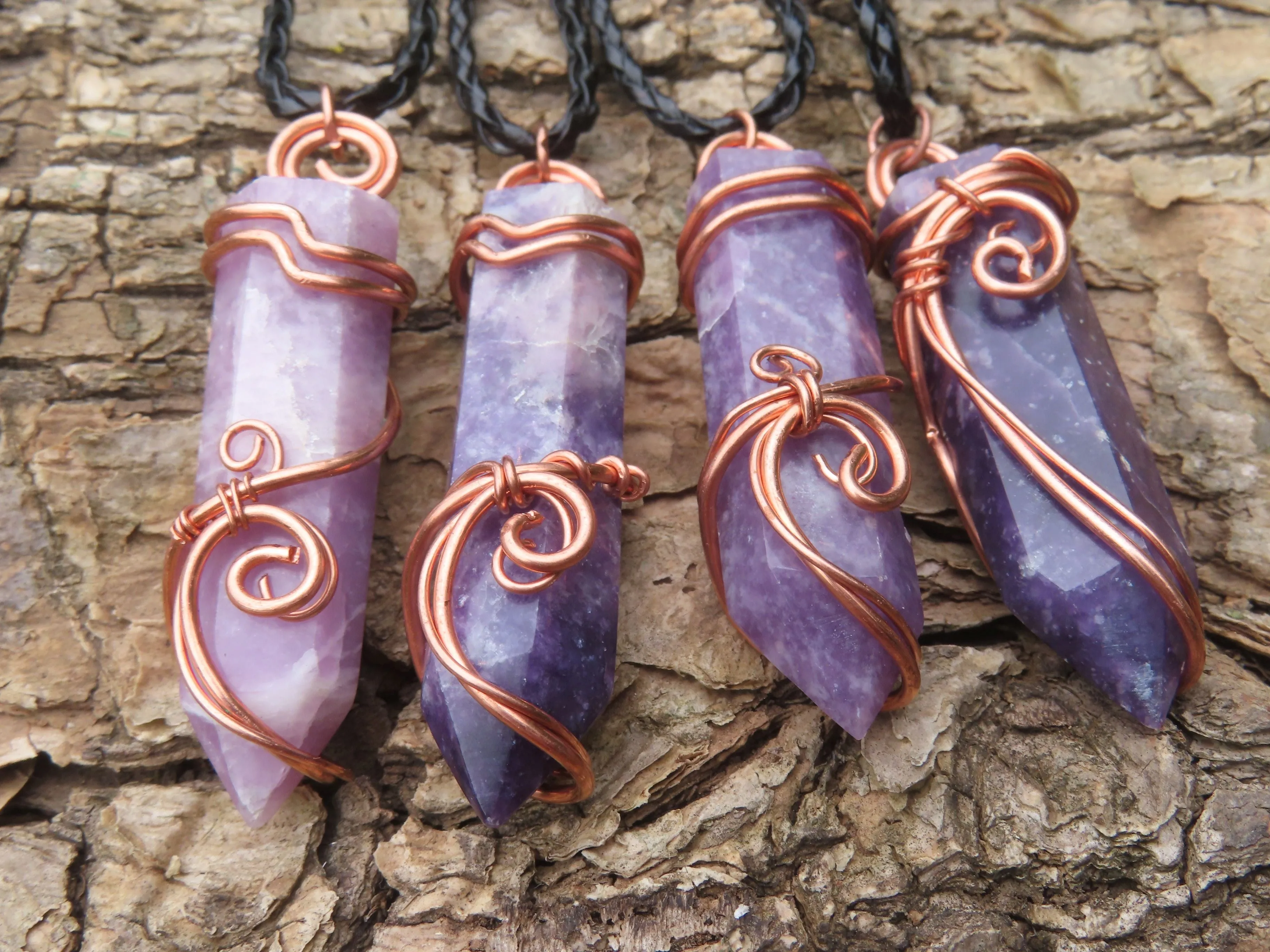 Polished Lepidolite Crystal In Copper Art Wire Wrap With Thong - sold per piece From Zimbabwe