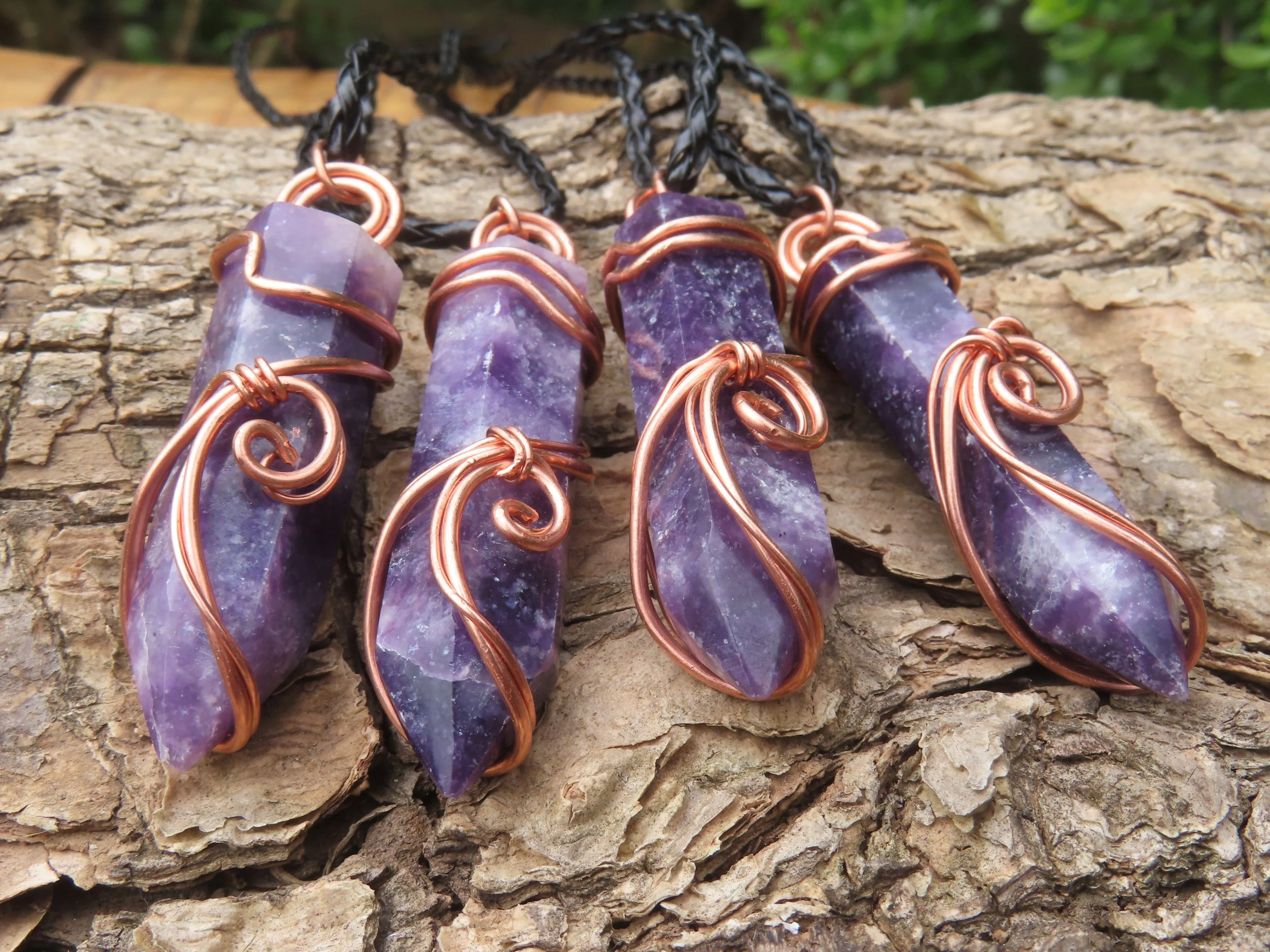 Polished Lepidolite Crystal In Copper Art Wire Wrap With Thong - sold per piece From Zimbabwe