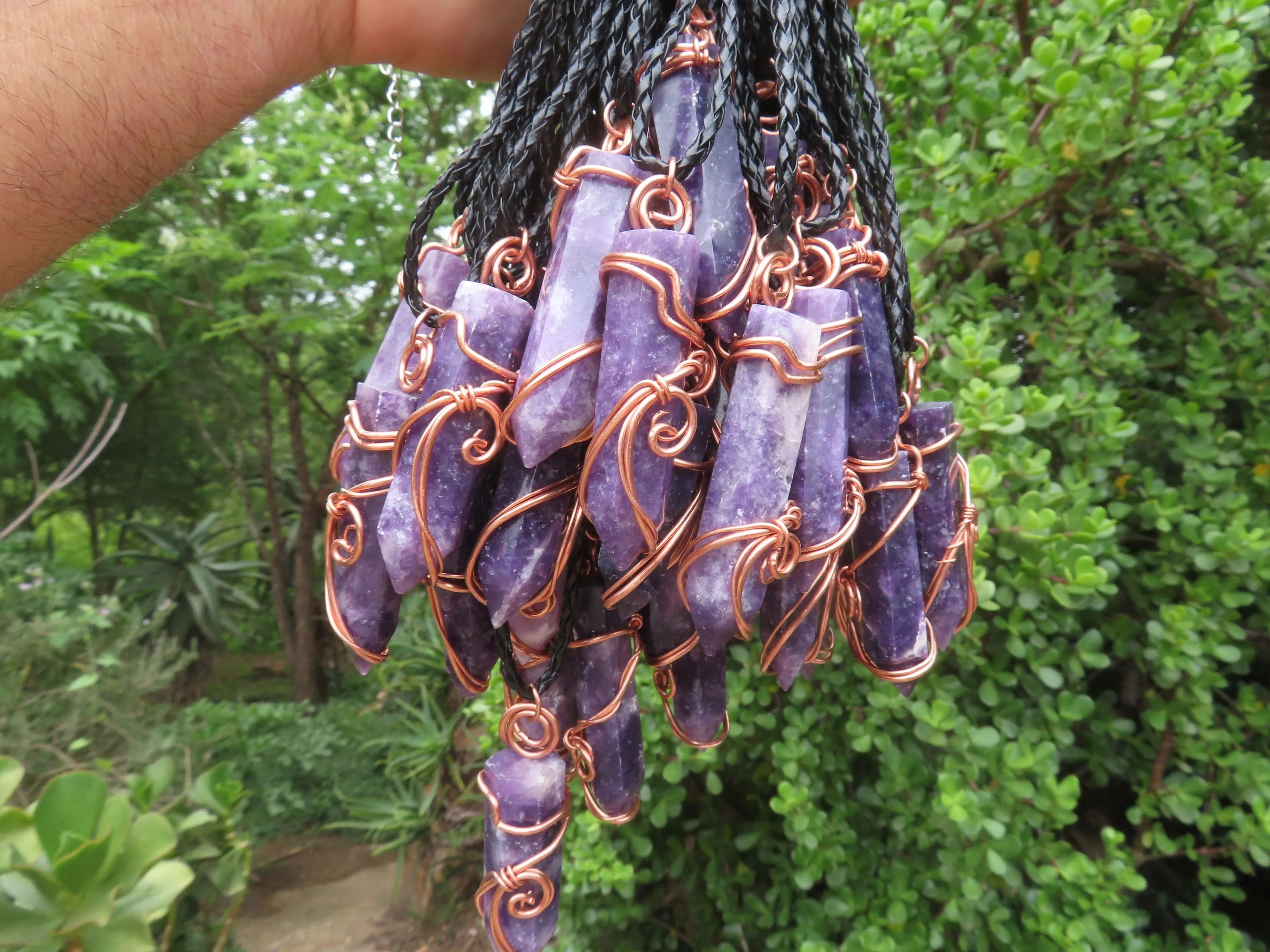 Polished Lepidolite Crystal In Copper Art Wire Wrap With Thong - sold per piece From Zimbabwe