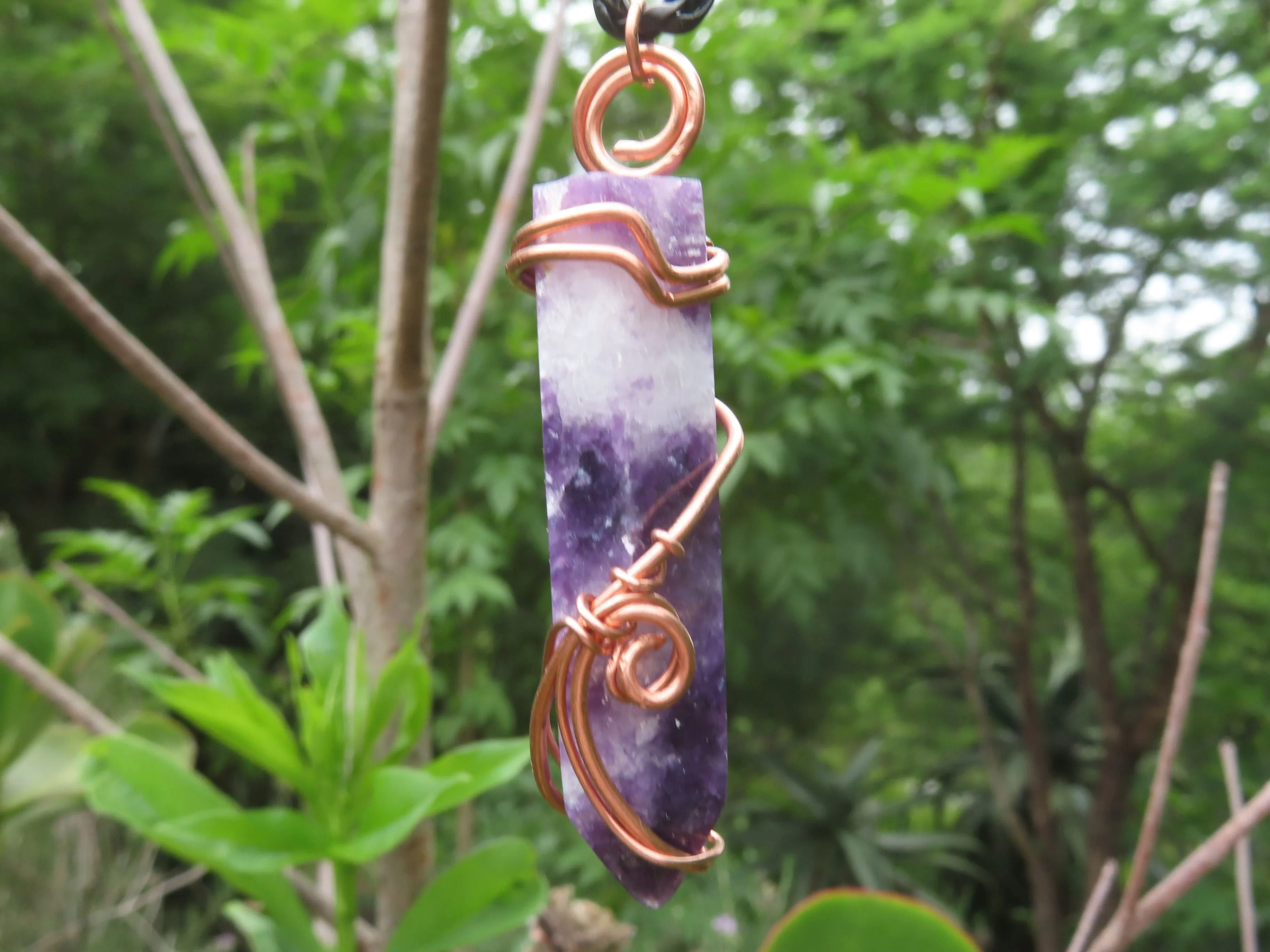 Polished Lepidolite Crystal In Copper Art Wire Wrap With Thong - sold per piece From Zimbabwe