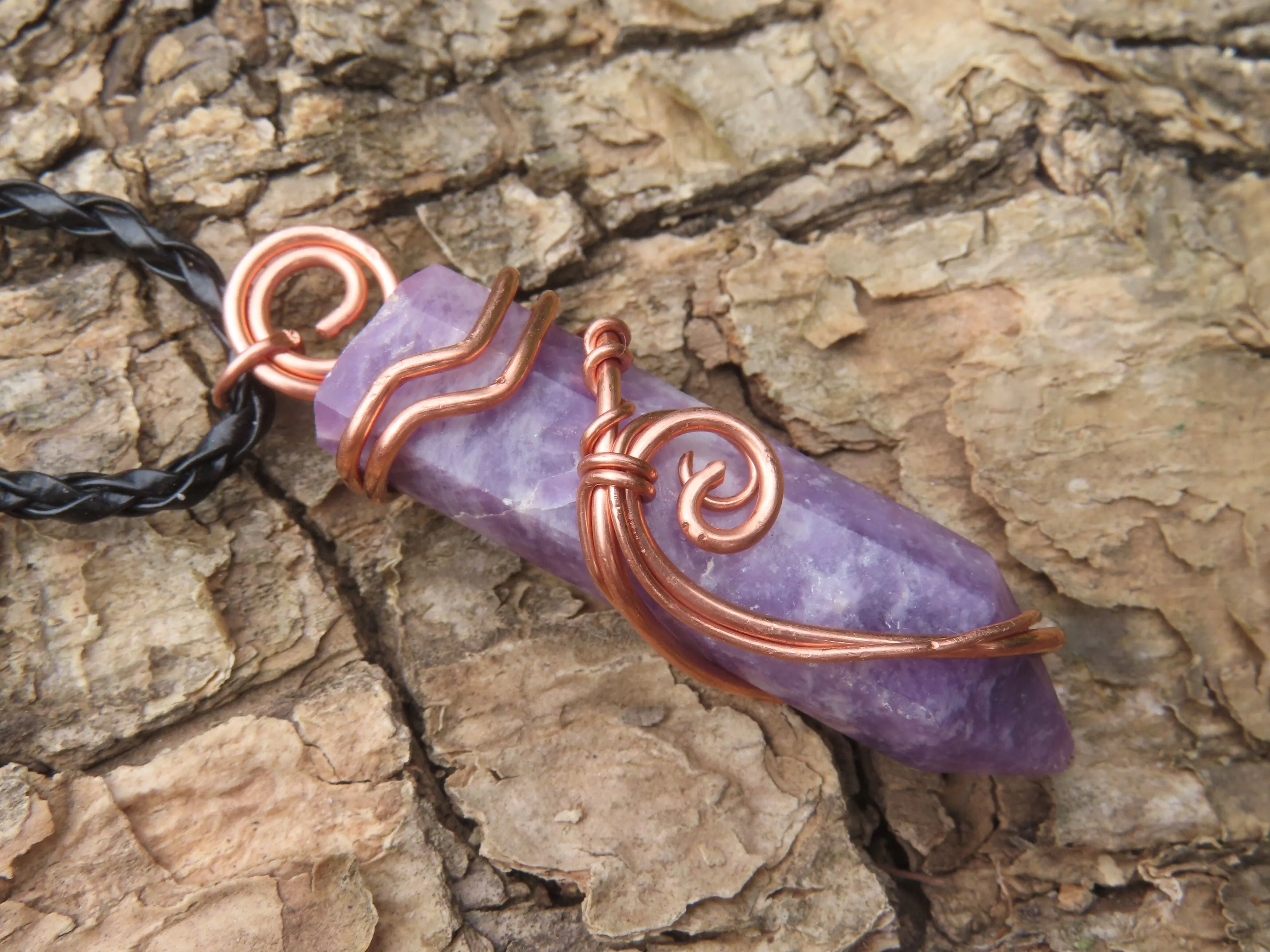 Polished Lepidolite Crystal In Copper Art Wire Wrap With Thong - sold per piece From Zimbabwe