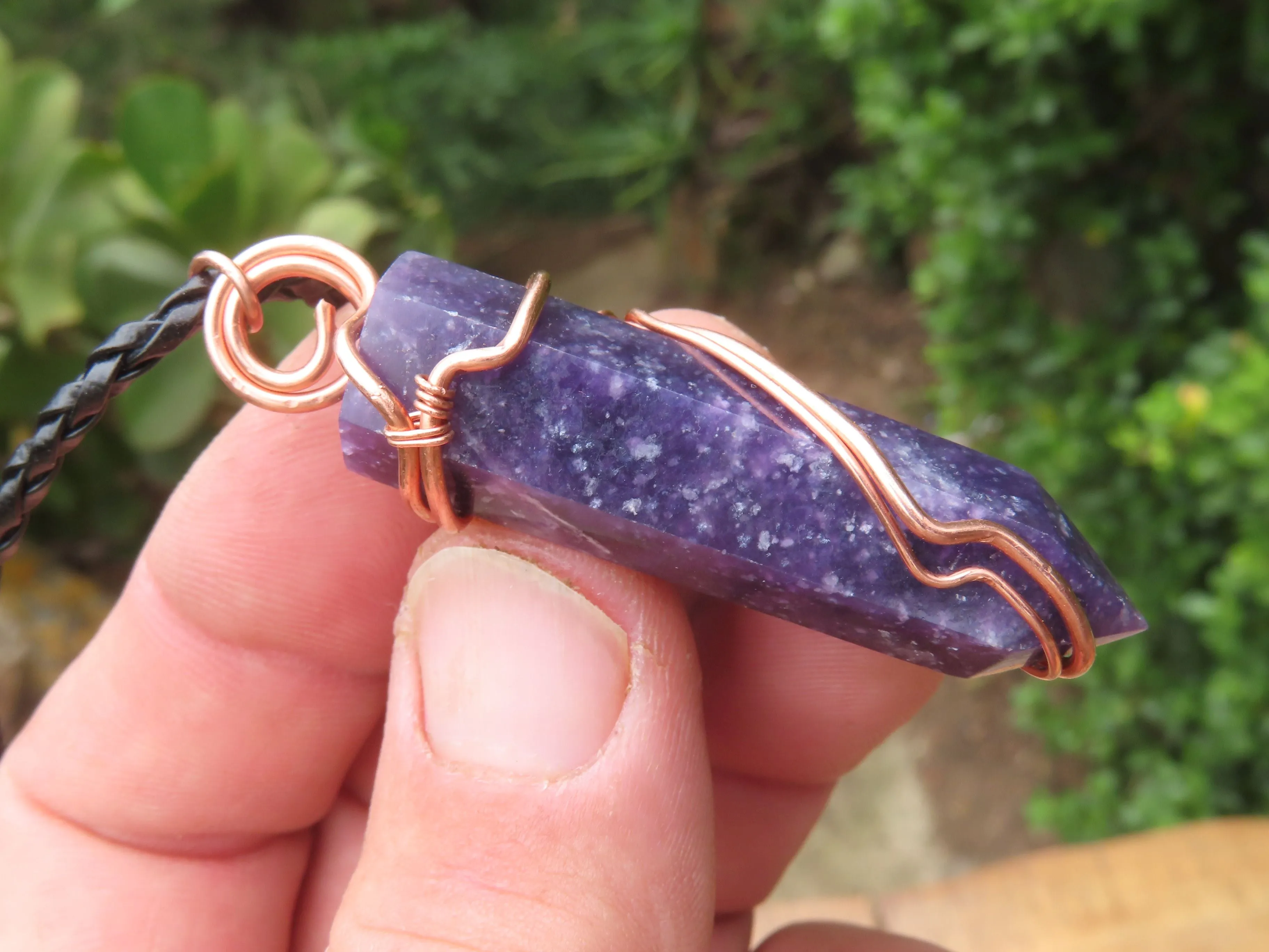 Polished Lepidolite Crystal In Copper Art Wire Wrap With Thong - sold per piece From Zimbabwe