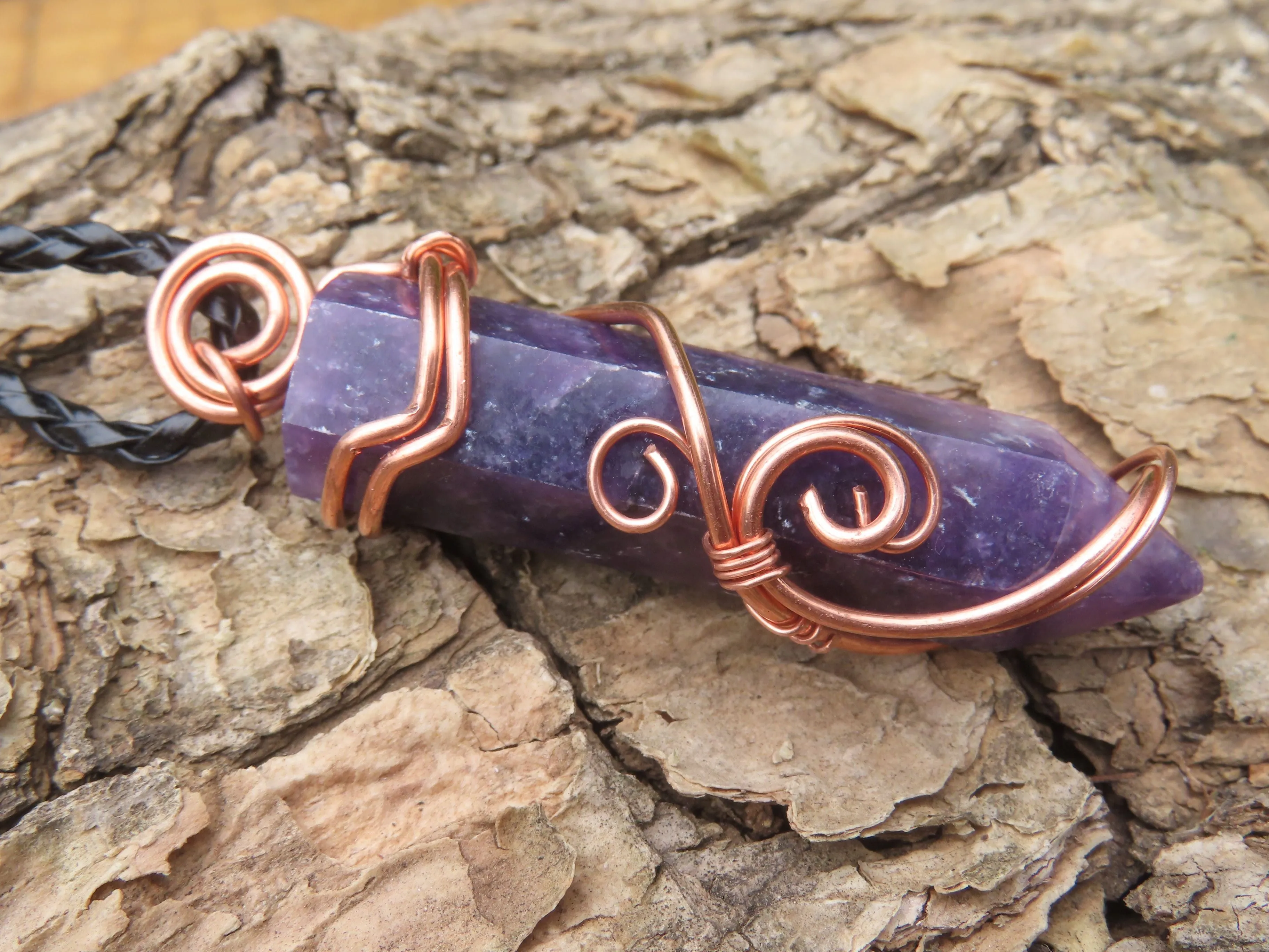 Polished Lepidolite Crystal In Copper Art Wire Wrap With Thong - sold per piece From Zimbabwe