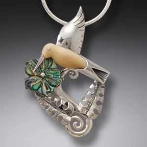 "Hummingbird Garden" Ancient Fossilized Walrus Tusk, Paua and Sterling Silver Pendant