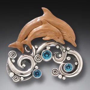 "Two Dolphins" Ancient Fossilized Mammoth Tusk Ivory and Blue Topaz Silver Pin or Pendant