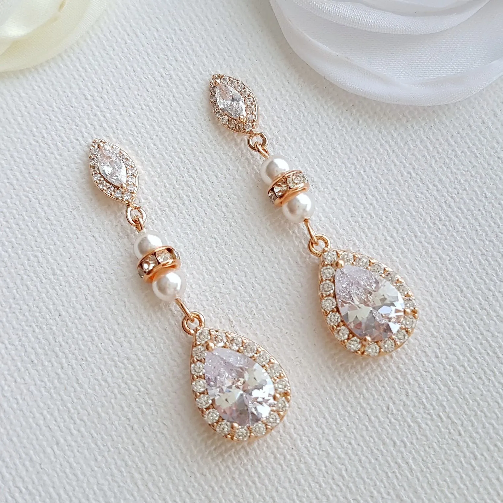 Rose Gold & Pearl Wedding Drop Earrings-Ella