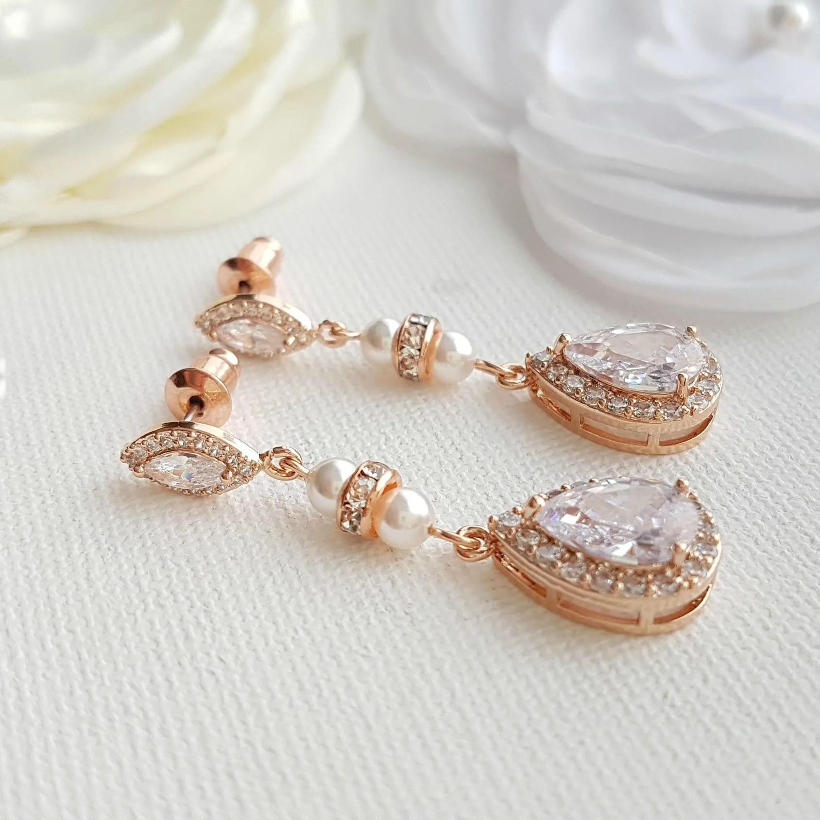 Rose Gold & Pearl Wedding Drop Earrings-Ella