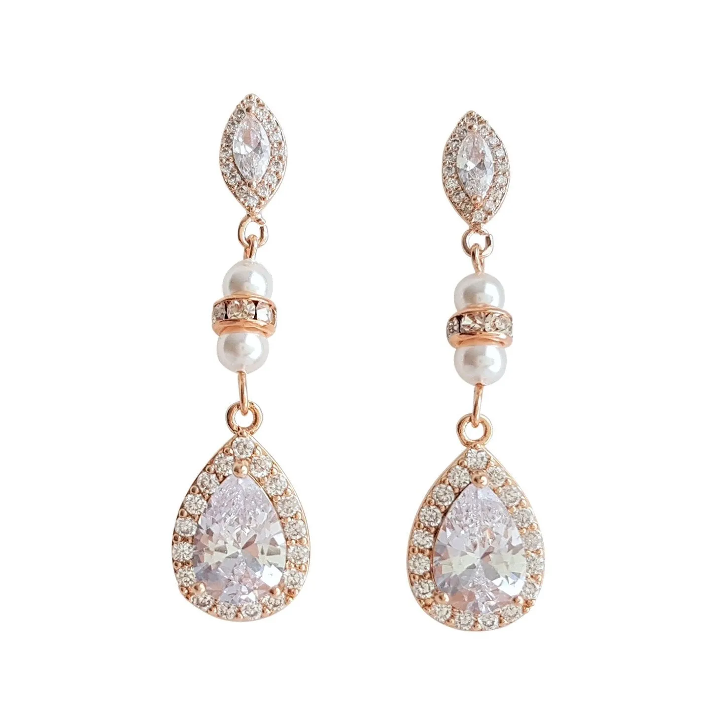 Rose Gold & Pearl Wedding Drop Earrings-Ella