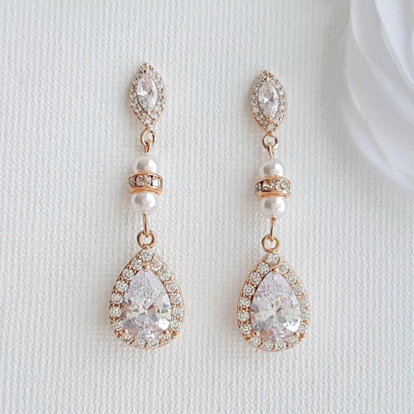 Rose Gold & Pearl Wedding Drop Earrings-Ella