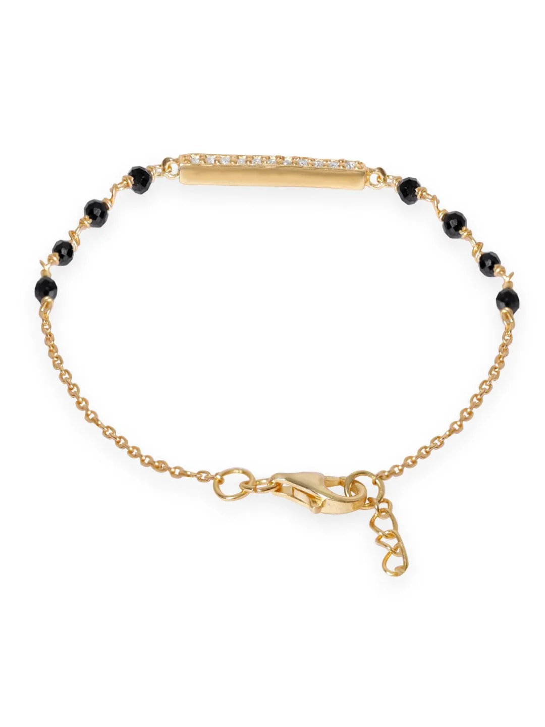 Rubans 925 Silver 22K Gold plated Pave Zirconia Tag & Black beaded Mangalsutra Bracelet