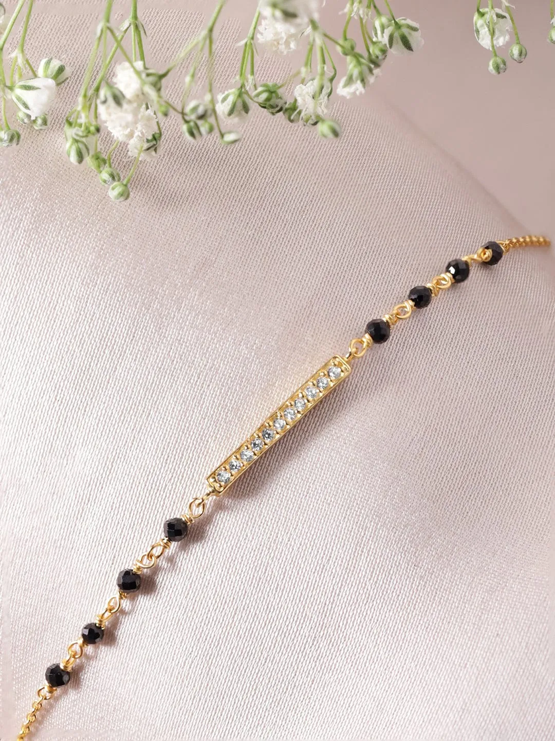 Rubans 925 Silver 22K Gold plated Pave Zirconia Tag & Black beaded Mangalsutra Bracelet