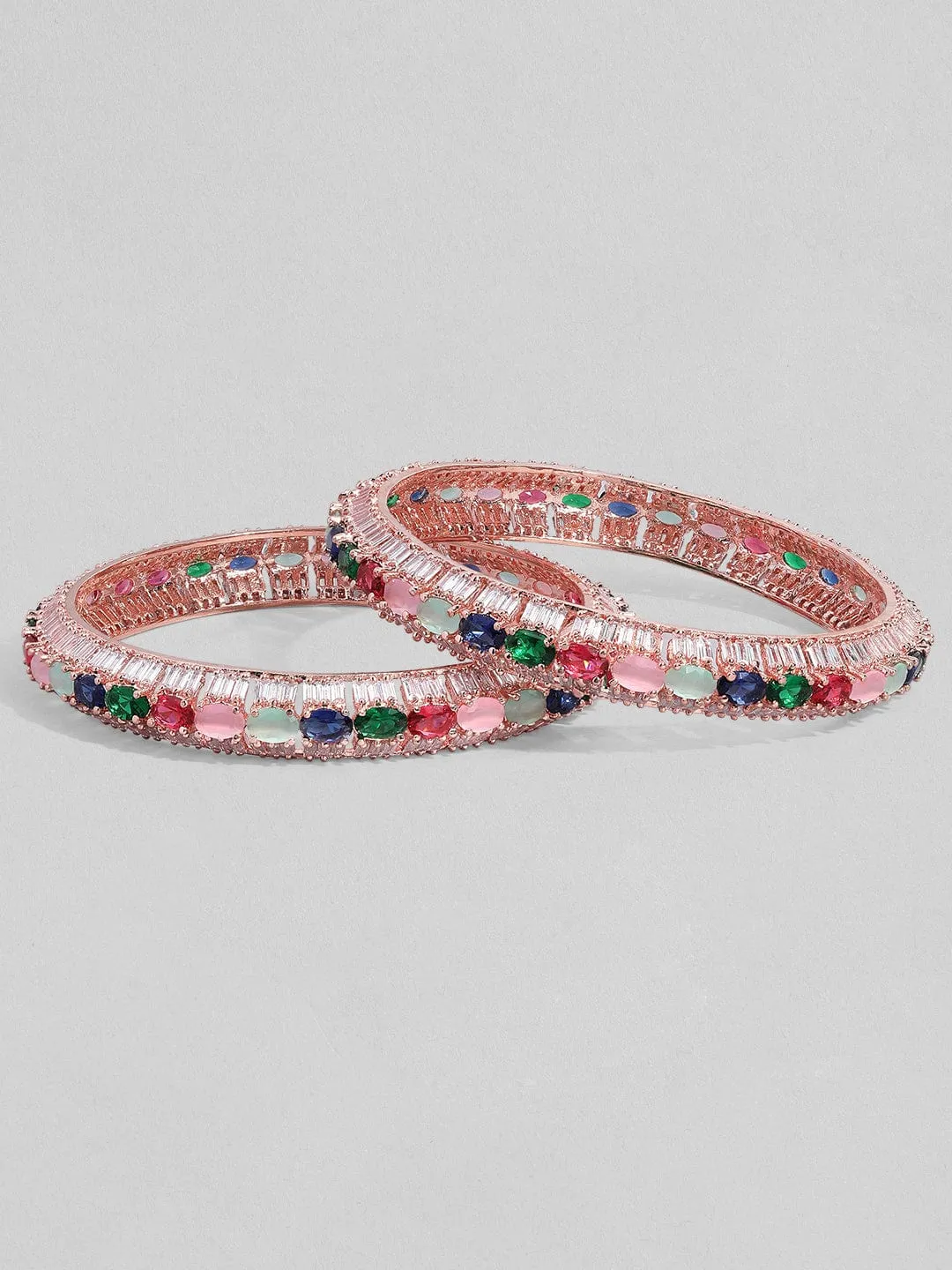 Rubans Rose Gold Plated Multicolor Stone Studded Zirconia Stone Set of 2 Bangles.