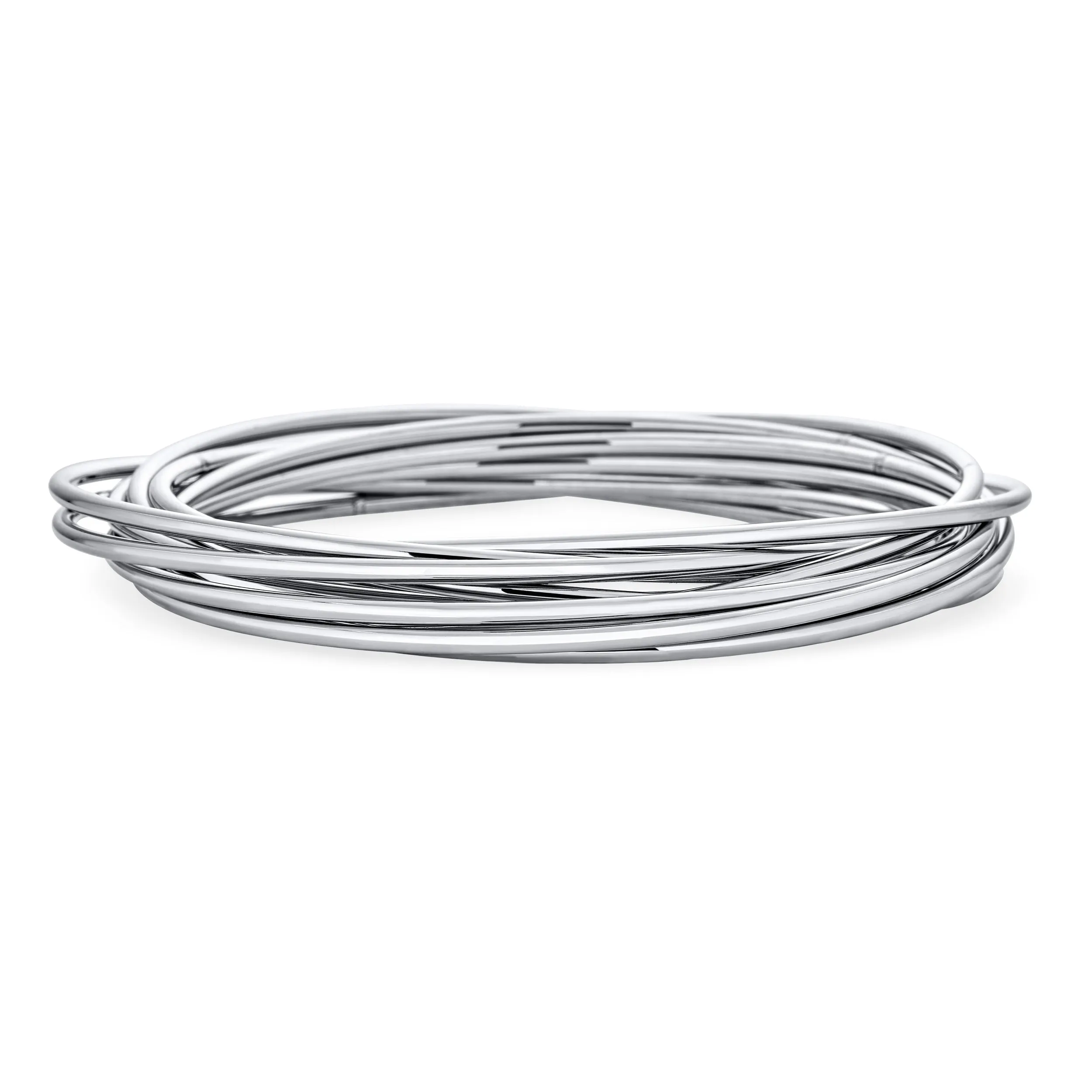 Set of 10 Silver Tone Stainless Steel Bangle Bracelets - Smooth & Thin Design