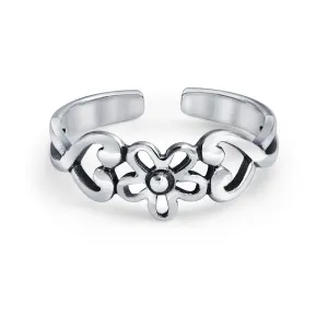 Silver Sterling Toe Ring with Flowers & Heart Filigree Design Midi Band