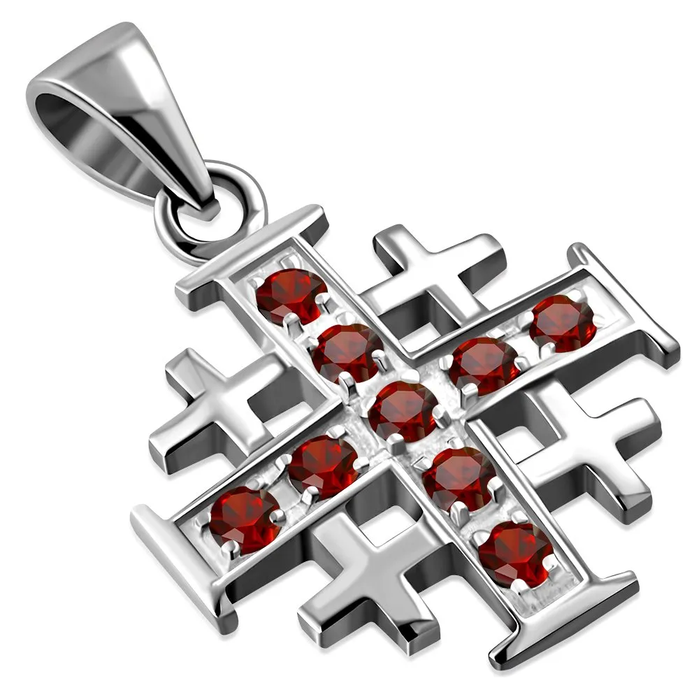 Small Garnet CZ Jerusalem Cross Silver Pendant