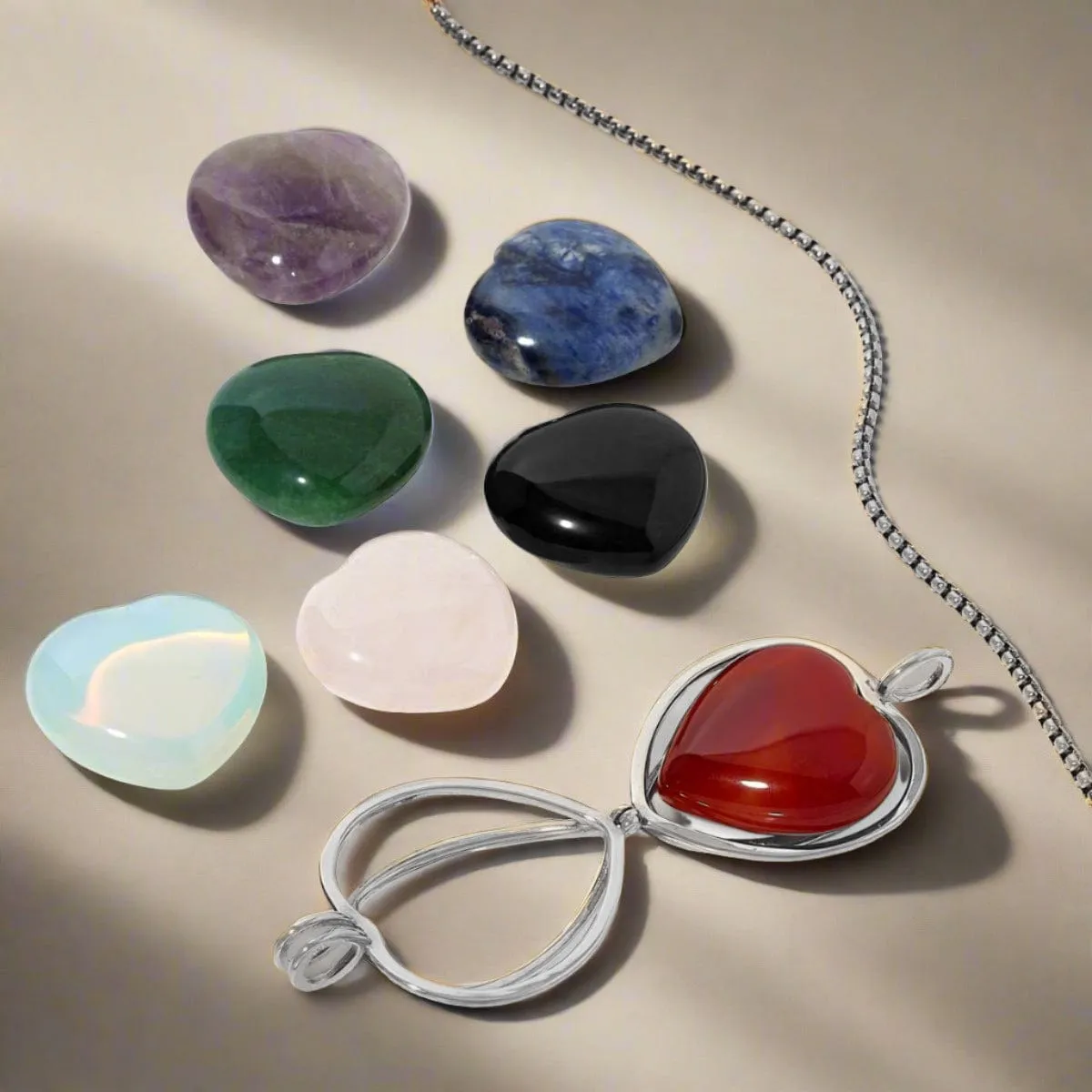 Stainless Steel Interchangeable Heart Locket with Chakra Gemstones | Adjustable Bolo Chain | 30"