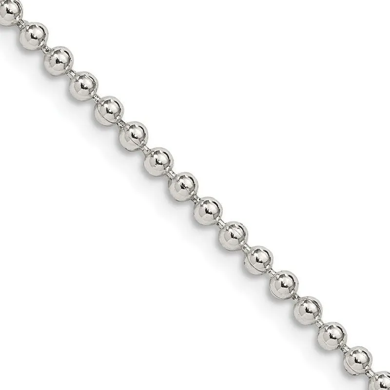 Sterling Silver 2.35mm Beaded Chain Necklace w/2in ext.