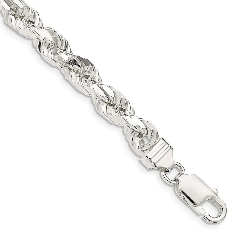 Sterling Silver 7mm Diamond-cut Polished 8 Sides Rope Chain Bracelet