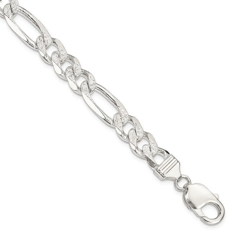 Sterling Silver 9.5mm Pav‚ Flat Figaro Chain Bracelet