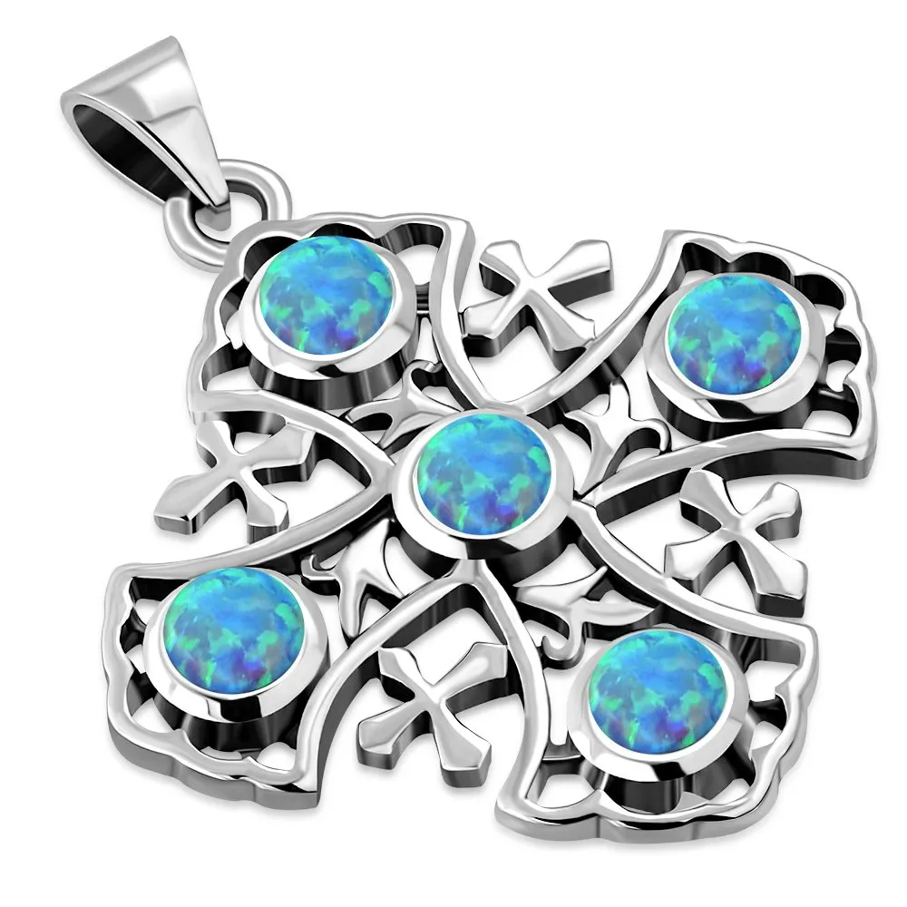 Synthetic Blue Opal Jerusalem Cross Silver Pendant