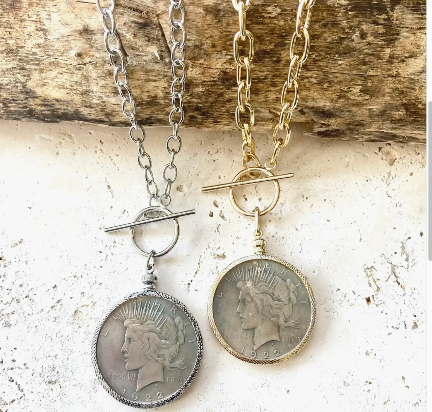 The Peace Coin medallion statement necklaces with toggle