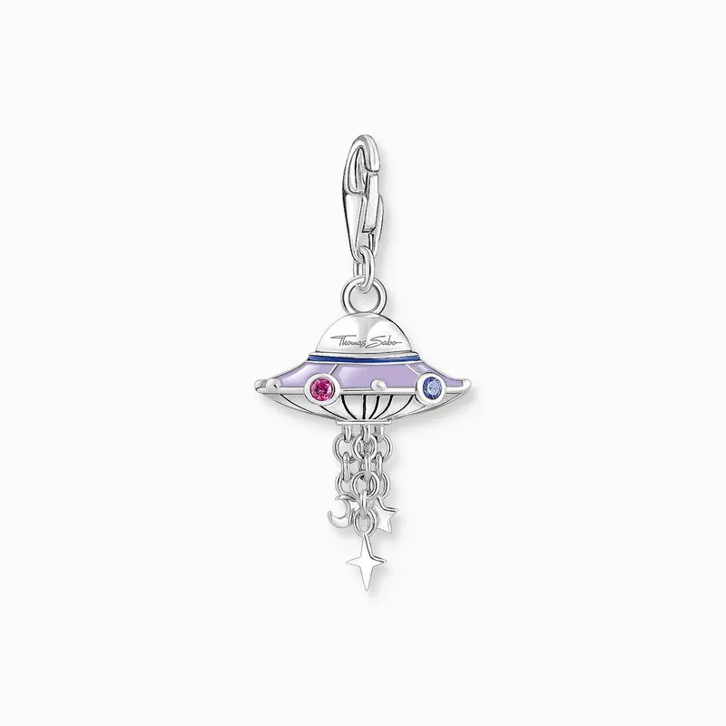 Thomas Sabo Charm Pendant - UFO with Violet cold Enamel and Stones Silver Blackened