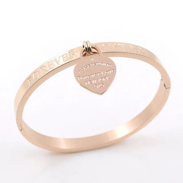 Trendy Lover Love Cuff Bracelets for Woman Rose Gold Color Stainless Steel Bracelet with Heart Pendant Luxury Jewelry Brand