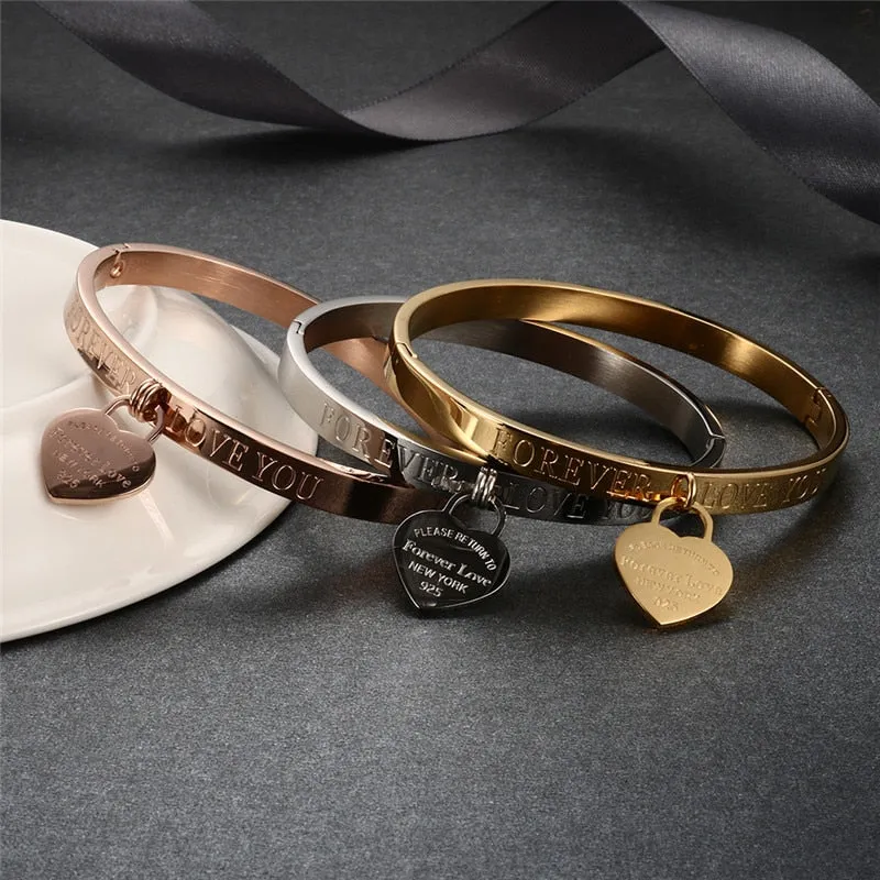 Trendy Lover Love Cuff Bracelets for Woman Rose Gold Color Stainless Steel Bracelet with Heart Pendant Luxury Jewelry Brand