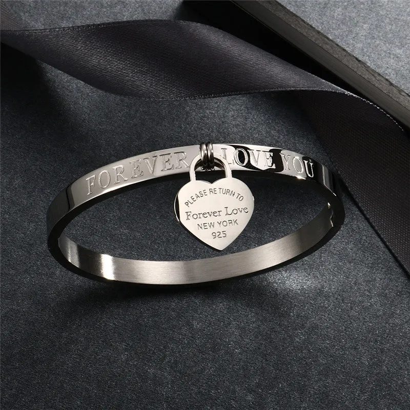 Trendy Lover Love Cuff Bracelets for Woman Rose Gold Color Stainless Steel Bracelet with Heart Pendant Luxury Jewelry Brand