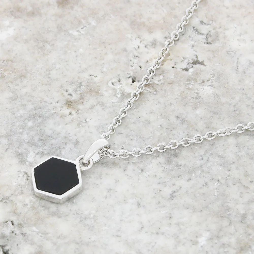 Unique & Co Silver Black Mother of Pearl Hexagon Pendant and Chain MK-889