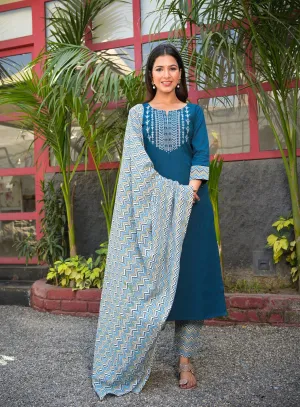 Women Teal Blue Embroidered Dupatta Set