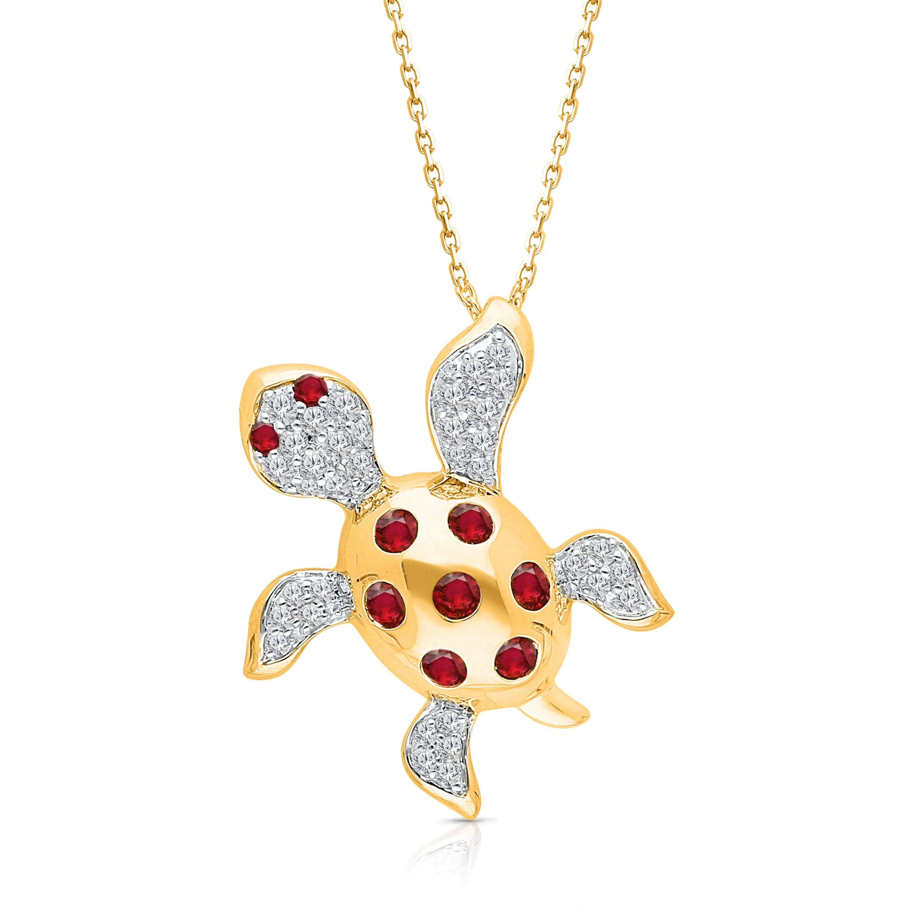 Yellow Gold Ruby & White Diamond Turtle Pendant