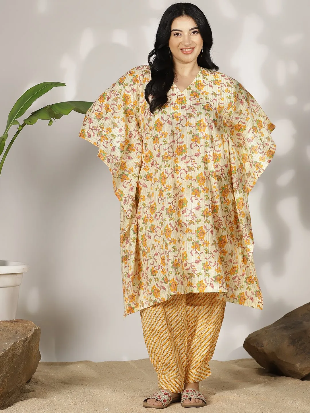 YellowFloral Cotton LongKaftan & Striped AfghaniSalwar