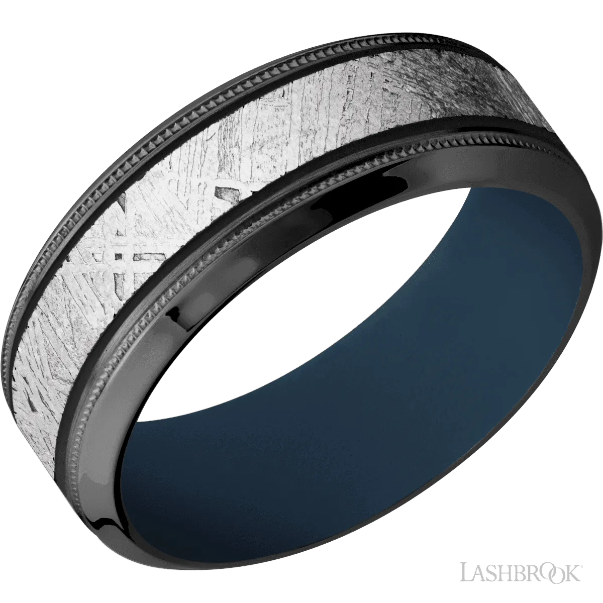 Zirconium with Satin , Polish Finish and Meteorite Inlay and Navy Blue - 8MM