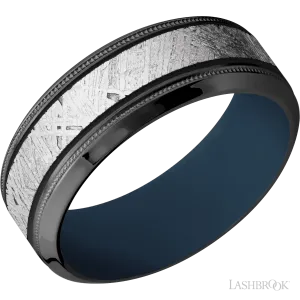 Zirconium with Satin , Polish Finish and Meteorite Inlay and Navy Blue - 8MM